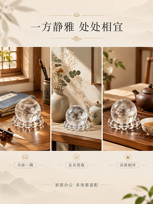 [商品] 使用【图1】天然白水晶球摆件，含白水晶球+圆珠底座；保留球体圆润形态、内部天然冰裂棉絮纹理、圆珠环形底座结构、透明无色水晶材质；精修增强通透感，不改变真实结构与比例。
[画面] 页面目标：场景种草，展示多场景摆放效果，激发购买欲。构图：三格横向拼图布局，每格展示一个不同场景；左格：书房书桌场景，水晶球放在原木书桌一角，旁有线装书与毛笔；中格：玄关置物架场景，水晶球与干花、陶瓷小瓶搭配陈列；右格：茶桌场景，水晶球置于茶盘旁，与紫砂壶、茶杯相映成趣；三格场景风格统一，均为暖调自然光，水晶球在每个场景中自然融入，有真实接触阴影。
[视觉] 套系策略：风格=禅意国风高级商业摄影；标题字=纤细宋体类文艺字体；正文字=简洁无衬线体；主色=浅米白；背景延展=基于浅米白做深浅渐变、同色系层次、原木/亚麻/陶瓷质感；强调色=暖金色，仅用于小面积图标、引线和装饰线条；标题色=深墨灰；正文色=中暖灰；组件=细线圆角信息卡、细引线、极简图标；光影=柔和自然光，每个场景有明确光源方向。
[文字] 画面顶部居中主标题「一方静雅 处处相宜」；三格下方分别标注小字「书房一隅」「玄关景致」「茶席相伴」；画面底部一行说明文字「家居办公 多场景适配」；所有文字横排，字号适中，手机端可读。
[规格] 图片比例3:4竖版，4K，避免变形、错字、文字过小、水晶悬浮、边缘硬切、场景杂乱、水印、平台Logo、绝对化用语。
