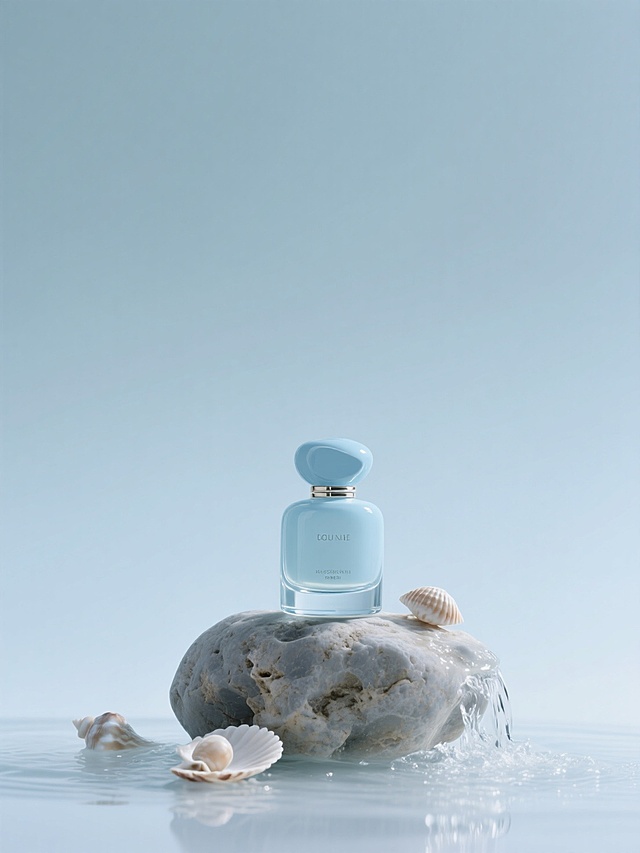 淡蓝色调香水特写，放在圆润的太湖石上，环绕着水流和贝壳，背景是柔和的淡蓝色渐变背景