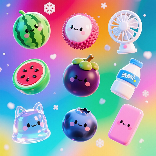 9个Q版亮晶晶图标（元素独立区域）：西瓜、荔枝、山竹、蓝莓、橡皮、养乐多、猫猫、冬天、风扇，背景要五彩斑斓