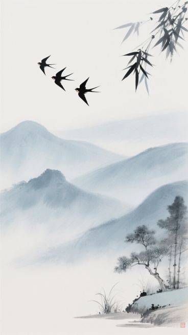 中国水墨画风格背景，柔和淡雅的蓝灰色调，远景以朦胧晕染的笔法描绘连绵起伏的山峦，近景左侧点缀几簇浅墨色的树木与草丛，右上角以流畅写意的笔触勾勒出几片飘逸的竹叶，三只黑色飞鸟呈“人”字形悠然翱翔于天际，整体画面留白充足，营造出宁静悠远、空灵淡泊的东方意境，具有传统卷轴画的构图韵味和水墨特有的层次感与温润质感。预览效果