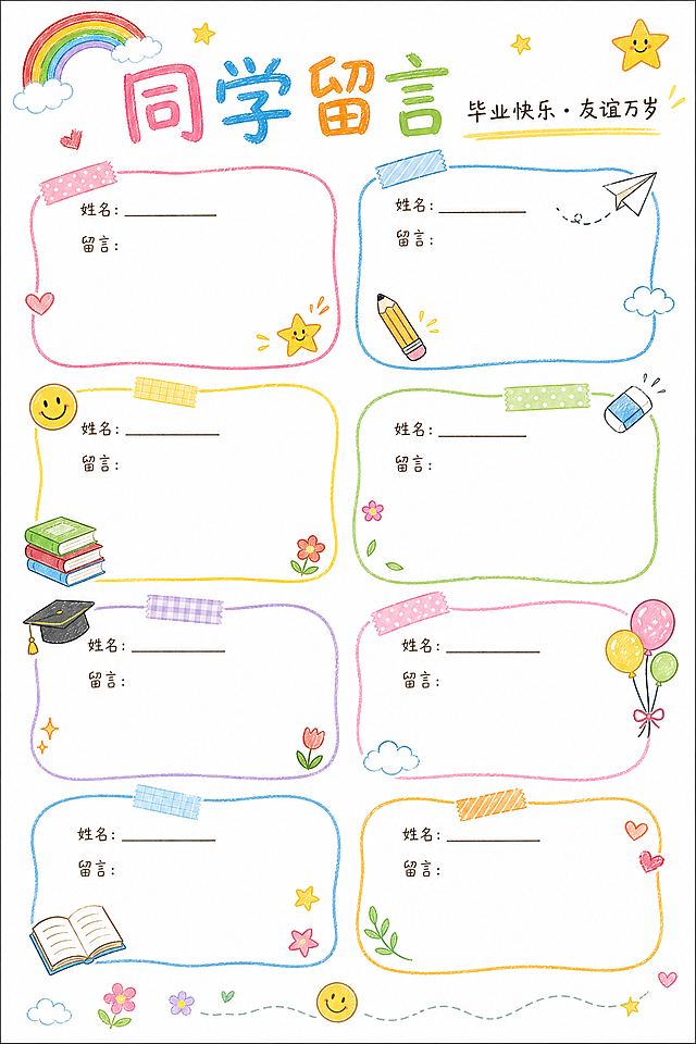 小学六年级毕业纪念册同学留言页，参考图片风格，白底手绘风，多格留言区域设计，手绘可爱童趣装饰，尺寸A4 210*297mm