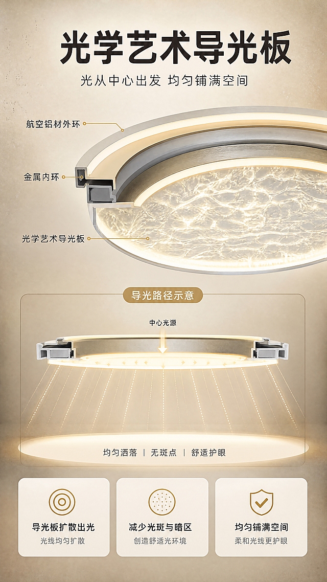 [商品] 使用【图1】M350 离线语音吸顶灯，以斜切半剖面视角呈现，灯体占画面约60%。保留外层航空铝材环形边框、内层金属环、中央椭圆光学艺术导光板的形态与比例；剖面处结构须与实物一致，不得虚构额外灯珠排布或新增部件。
[画面] 目标：核心技术原理可视化。上部为半剖的产品大图，用细金引线标出"航空铝材外环""金属内环""光学艺术导光板"；下方为导光路径示意层：光从中央光源出发，经导光板扩散成均勾面光，向桌面/地面均匀洒落，形成无斑点光斑；背景为深米砂色渐变底加细腻微粒质感，保持暖调。阅读动线自上而下：标题→剖面→光路径→三条结论。
[视觉] 套系策略：风格=现代简约家居实景商业摄影，高级质感；标题字=粗黑体无衬线；正文字=细黑体无衬线；主色=暖香槟金配米白；背景延展=基于米白与暖砂色做深浅层级、同色渐变和细腻墙面/木纹/布艺质感；强调色=亮金，仅用于小面积图标、引线和标签；标题色=深炭棕；正文色=暖灰；组件=圆角米白信息卡、细金引线、胶囊标签、大留白；光影=暖白柔光加灯体自身光晕。
[文字] 全部文字仅横向排版。主标题"光学艺术导光板"；副标题"光从中心出发 均匀铺满空间"；标注与分点"航空铝材外环""金属内环结构""导光板扩散出光""减少光斑与暗区"。标注贴近引线端点，不遮挡剖面结构。
[规格] 图片比例9:16竖版，4K，避免变形、错字、文字过小、竖排或旋转文字、冷蓝/蓝灰成为主色、结构臆造、出现二维码水印与第三方平台Logo。