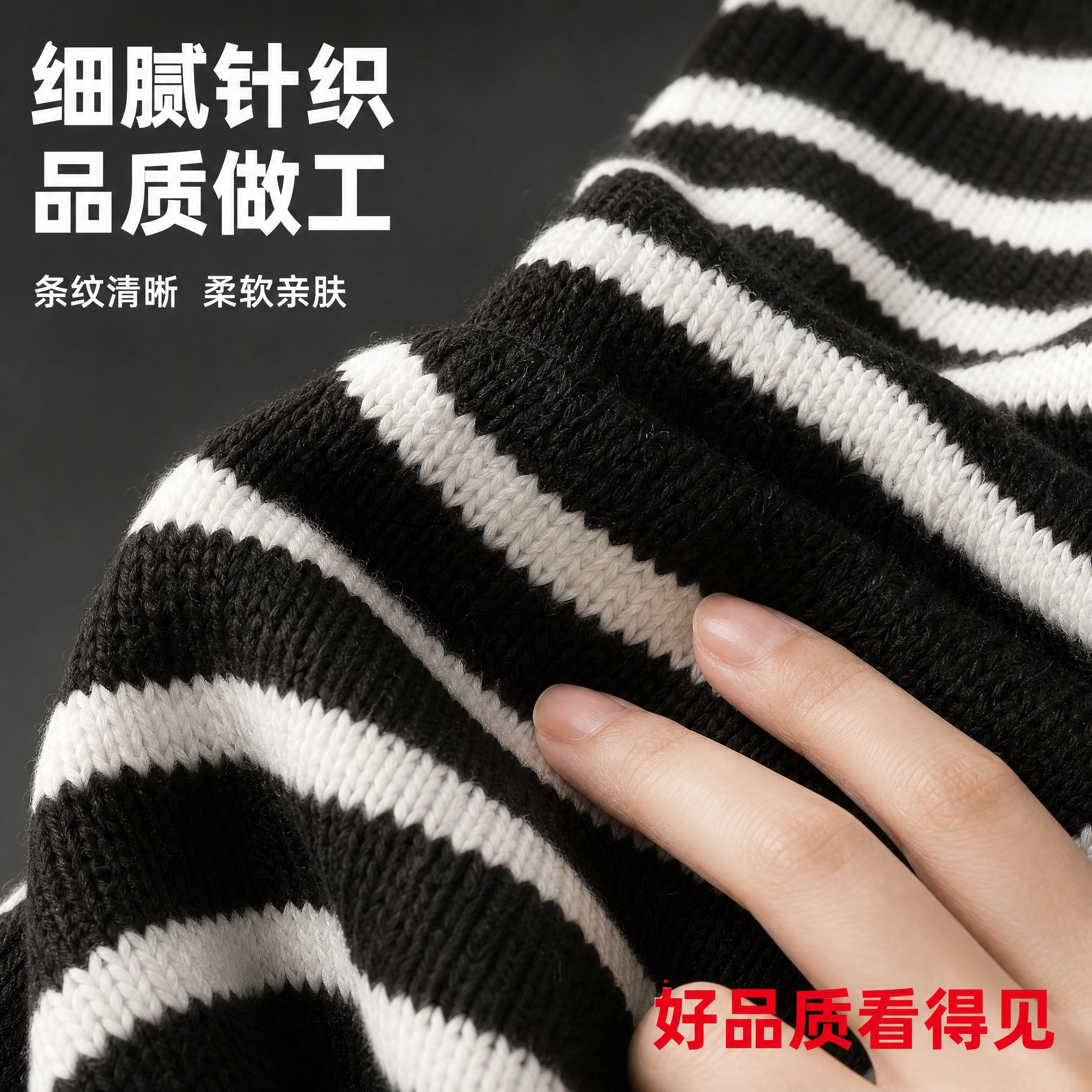 [主图-4 黑条纹款] 主题：细节特写 针织面料与做工展示。唯… - 图片创意预览