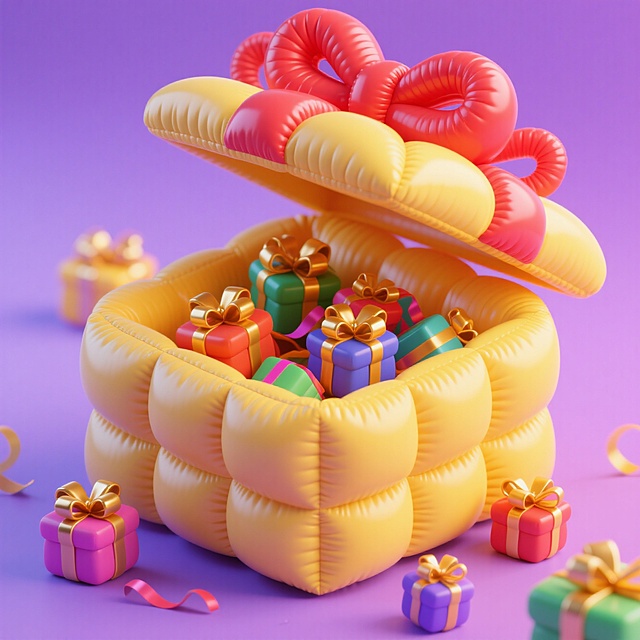 一个打开的黄色礼盒，盒盖系着红色大蝴蝶结，盒里及周围散落着多个带金色蝴蝶结的彩色小礼盒、彩色丝带等装饰元素