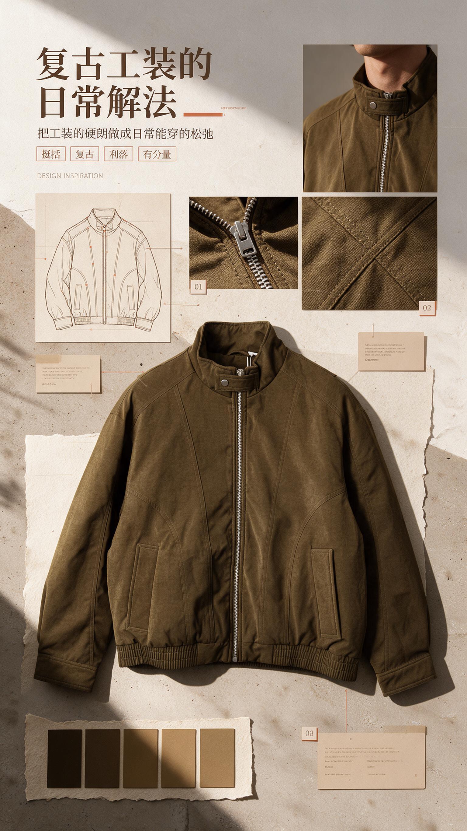 [商品] 使用【图1】卡其棕立领工装夹克；保留立领、金属拉链、… - 图片创意预览