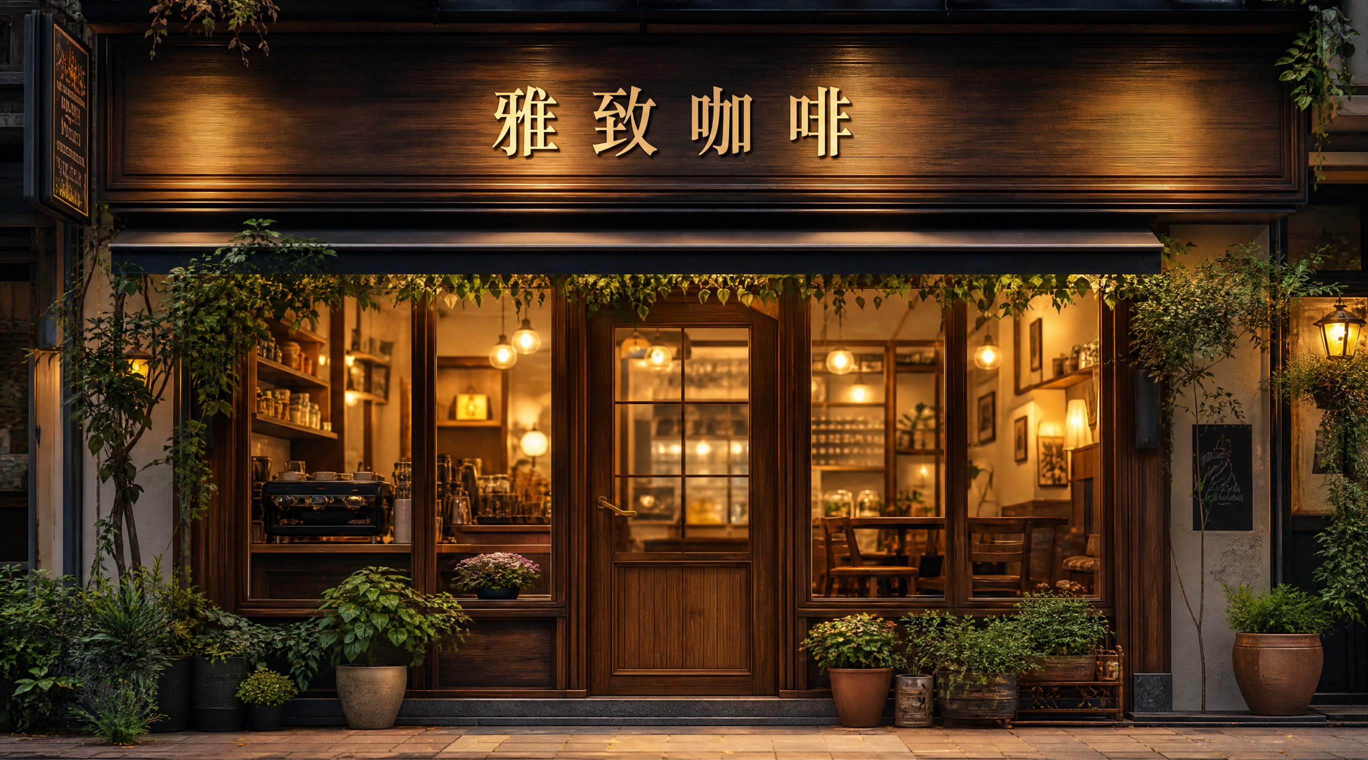 雅致咖啡店招设计，写实摄影风格，画面中央是一家温馨的咖啡馆店面… - 图片创意预览