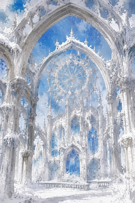 参考原图的建筑拱门结构，重新生成复古水彩风格，画面主体为冰雪覆盖的哥特式建筑预览效果