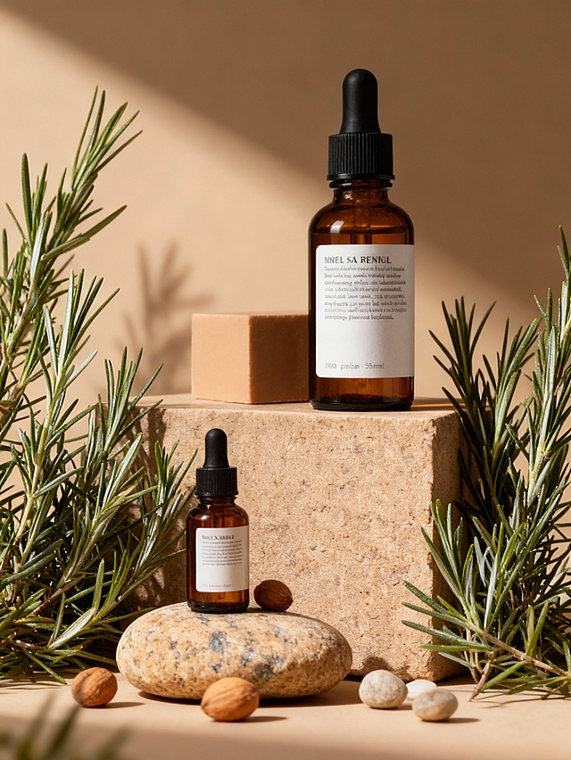 大瓶置于浅棕色长方体石质台座上，台座后方叠放一块浅棕色方形哑光块体。同色系小棕瓶，小瓶置于表面粗糙、浅棕带灰纹的鹅卵石上。周围元素：瓶身周围环绕灰绿色细长叶面、细密枝叶的迷迭香类植物，还有 3-4 颗浅棕色小坚果和小鹅卵石，散落在鹅卵石及台座周围。 场景与构图：错落层叠构图，前景（小瓶 + 鹅卵石）、中景（大瓶 + 石质台座）、背景层次分明；背景为浅棕色调；自然打光形成自然阴影，突出琥珀瓶的通透质感、石材的粗糙纹理与植物的叶片层次；色彩以暖调为主（浅米背景、棕褐瓶身、浅棕石材、灰绿植物），整体呈现自然有机的高端护肤产品展示场景