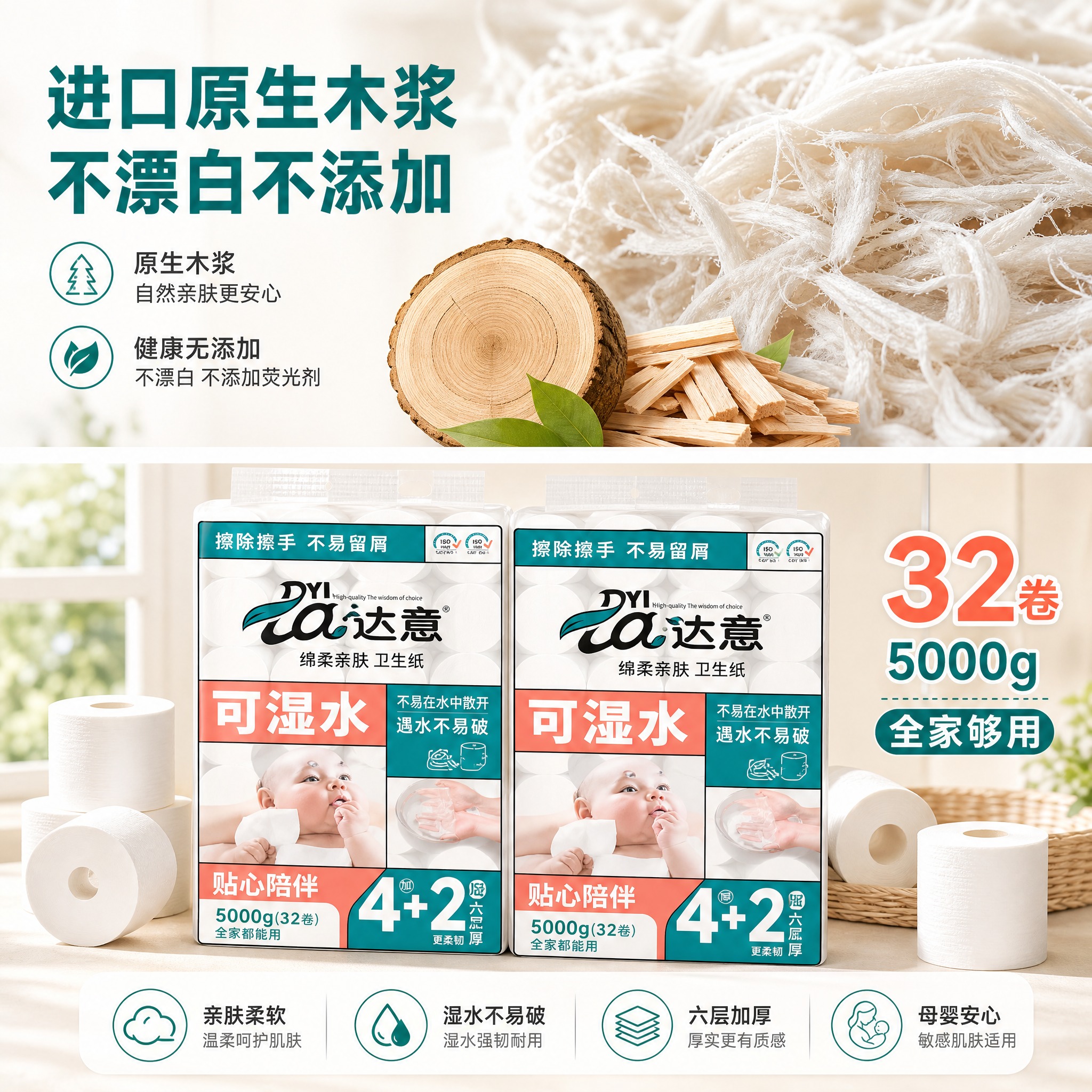 [主图-3] 达意可湿水卫生纸32卷装材质与囤货规格图，突出原… - 图片创意预览