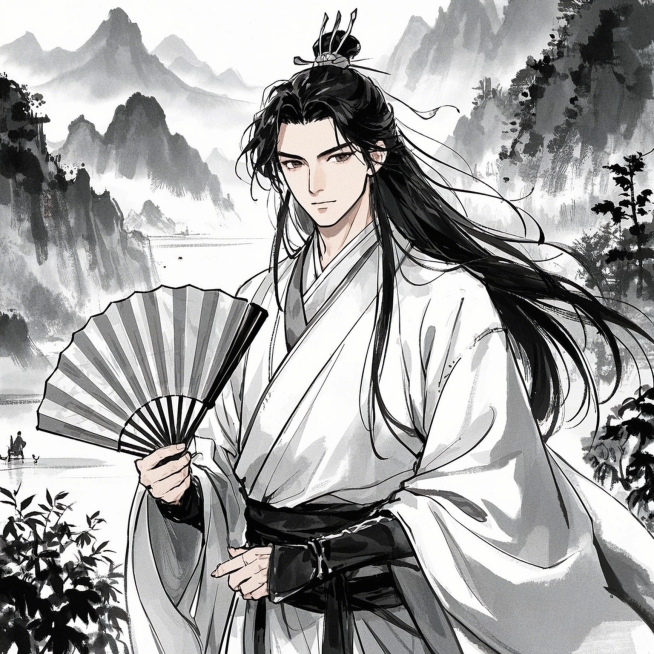 中景展现，古风少年手持折扇，白衣飘飘，身后是青山绿水，眉宇间透着英气，画面色调淡雅，笔触细腻，水墨画预览效果