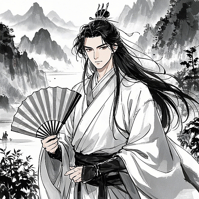 水墨工笔风插画，古典中式意境，静谧朦胧山水间，白衣公子执扇立，国潮韵味悠然。