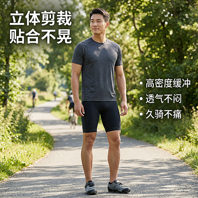 [主图3 模特上身展示] 亚洲男性模特身穿黑色骑行内裤，户外骑行场景，模特自然站立展示上身效果，裤子版型立体贴合，从外部完全看不到内部红色硅胶垫，呈现隐形效果。背景为郊野自行车道，绿树阳光，运动活力氛围，真实自然光影。左上角文案 "立体剪裁 贴合不晃"，右侧三个竖排卖点 "高密度缓冲 | 透气不闷 | 久骑不痛"，文字不遮挡模特身体核心区域，整体风格真实有感染力。