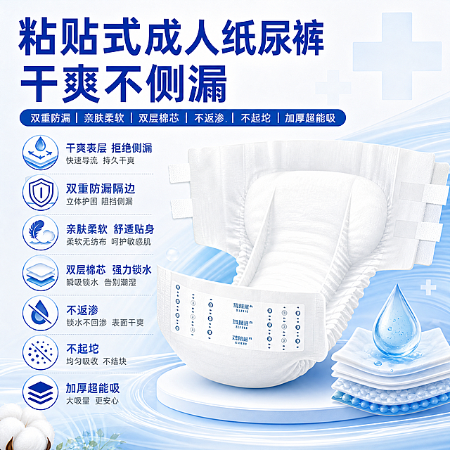 成人纸尿裤产品主图，粘贴式纸尿裤卧床瘫痪专用，突出卖点干爽不侧漏，双重防漏，亲肤柔软，双层棉芯，不返渗，不起坨，加厚超能吸，淘宝天猫平台设计，蓝白色简约干净医疗护理风格，显示文案"粘贴式成人纸尿裤 干爽不侧漏"
