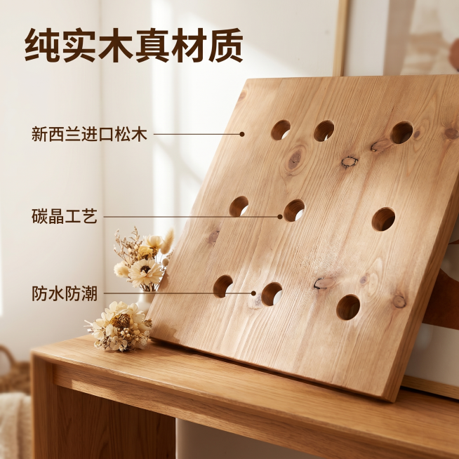[主图 2] 新西兰进口浅棕色实木洞洞板材质工艺细节展示图
[氛围风格] 家庭温馨风，高级材质透视
[画质] 商业摄影质感、光线柔和通透、产品清晰真实、画面干净高级
[元素] 特写展示浅棕色实木洞洞板预览效果