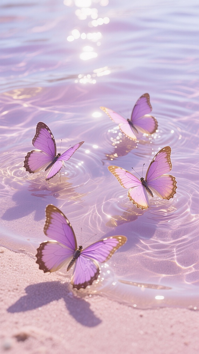 超写实摄影风格，四只形态各异的粉紫色调蝴蝶，翅膀边缘带有金色渐变光泽，轻盈停驻在清澈透明的浅水区水面上，水面波光粼粼，呈现出粉紫与淡金色交织的光影波纹，水底是细腻柔和的浅粉色沙地，蝴蝶投下淡淡的紫色阴影，整体画面营造出梦幻、浪漫、宁静的氛围，光线明亮柔和，色彩过渡自然，细节清晰，具有高分辨率的质感表现。