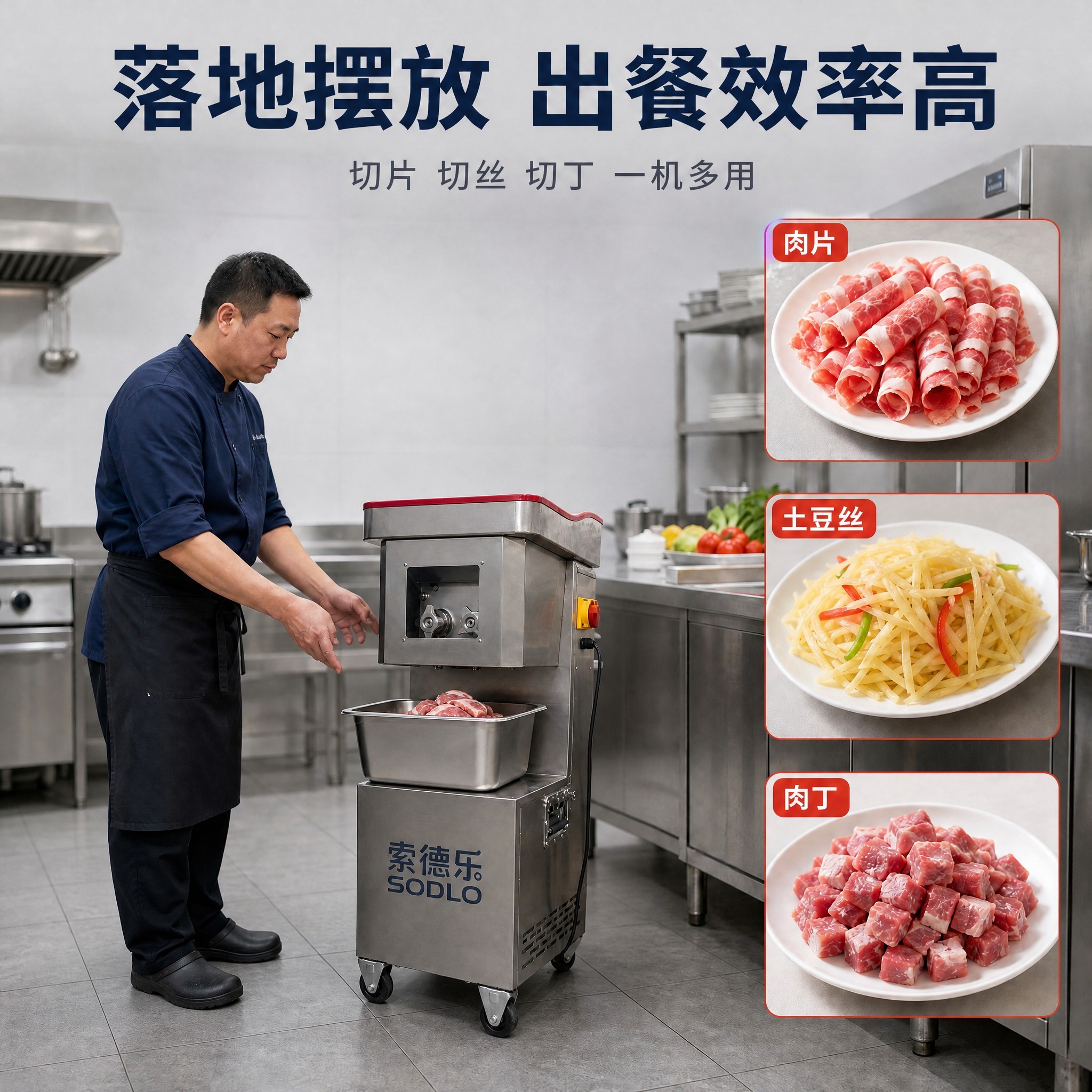 仅调整画面中厨师与索德乐 SODLO 商用切肉切片机的人机身高… - 图片创意预览