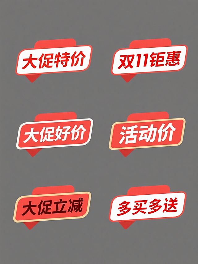 6个规整排布的促销标签素材，每张素材均为规整排布的单一促销标签，标签文案分别为大促特价、双11钜惠、大促好价、活动价、大促立减、多买多送，采用纯色背景，整体设计简洁明了，突出促销信息，具有强烈的视觉冲击力和促销氛围。