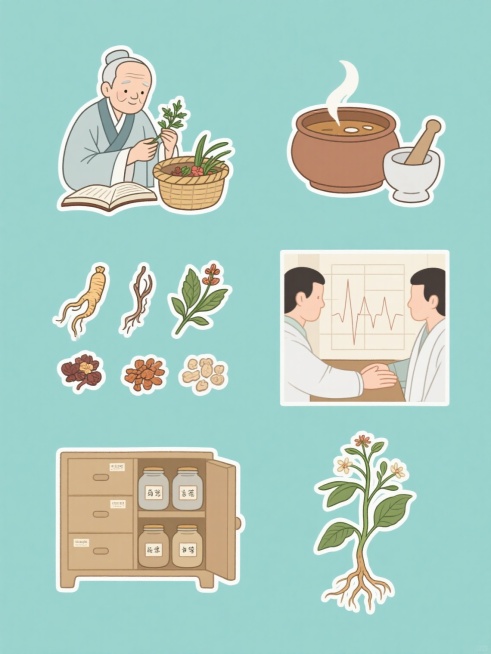 六个规整排布的手绘卡通风格中医中药元素系列插画，每个元素独立呈现于纯色背景上，保持一致的清新淡雅配色、平滑线条和简洁造型。第一个画面是身着传统服饰的老中医手持药草仔细辨认，身旁放着药篮与翻开的医书；第二个画面为砂锅中药汤正冒着热气，旁边摆放着研钵和药杵；第三个画面展示几味不同形态的中药饮片整齐排列，包括根茎类和花叶类药材；第四个画面是中医诊脉场景，医者手指搭在患者手腕上，背景有脉诊图示意；第五……预览效果