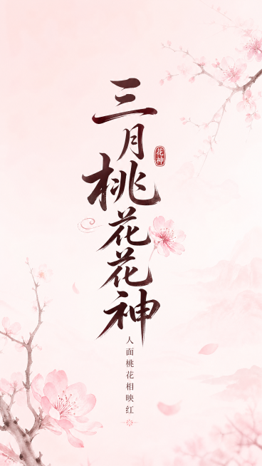 三月桃花花神主题海报，简约国风，版式精美。主标题为"三月 桃花花神"，副标题为"人面桃花相映红"。整体风格简约清雅，新中式国风设计，画面干净高级，留白充足。背景采用渐变浅粉色调，点缀水墨桃花枝影，层次预览效果