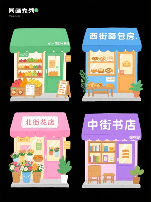 一组四张同风格系列插画，每张均为正面视角的店铺门面，采用干净纯色背景，保持手绘卡通风格，线条圆润流畅，色彩明快鲜亮，扁平化设计无复杂光影。第一张：绿色遮阳篷的"南街水果店"，门口摆放水果堆头与价目牌，店内货架陈列各色水果；第二张：蓝色遮阳篷的"西街面包房"，橱窗展示各式面包糕点，门口有木质面包架与小花盆；第三张：粉色遮阳篷的"北街花店"，门口摆满鲜花桶与绿植，店内货架陈列花束与花艺用品；第四张……预览效果