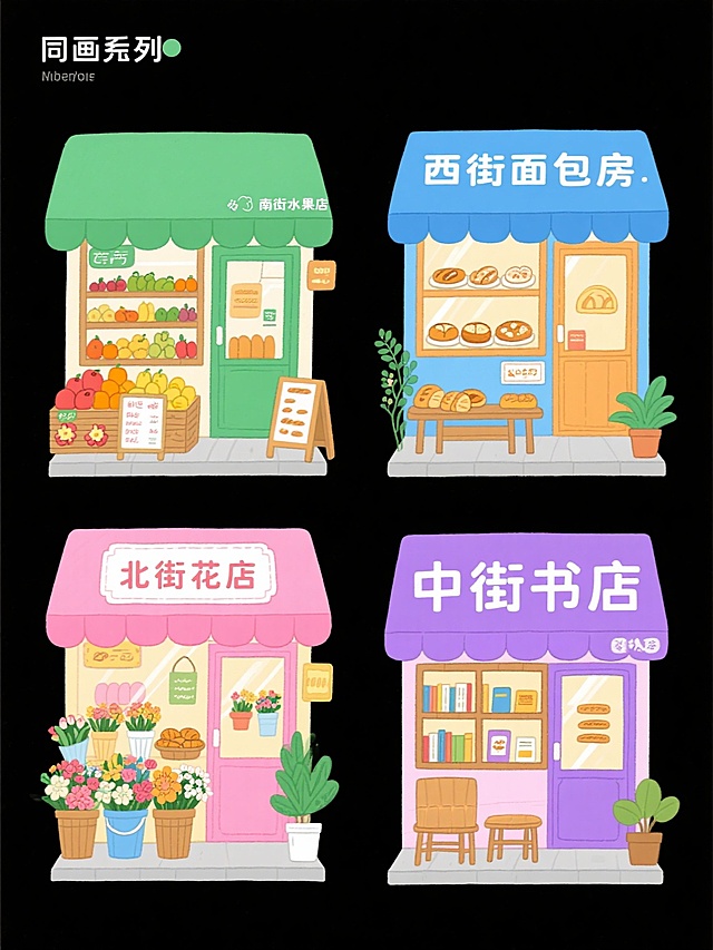 一组四张同风格系列插画，每张均为正面视角的店铺门面，采用干净纯色背景，保持手绘卡通风格，线条圆润流畅，色彩明快鲜亮，扁平化设计无复杂光影。第一张：绿色遮阳篷的"南街水果店"，门口摆放水果堆头与价目牌，店内货架陈列各色水果；第二张：蓝色遮阳篷的"西街面包房"，橱窗展示各式面包糕点，门口有木质面包架与小花盆；第三张：粉色遮阳篷的"北街花店"，门口摆满鲜花桶与绿植，店内货架陈列花束与花艺用品；第四张：紫色遮阳篷的"中街书店"，橱窗摆放畅销书与推荐牌，门口有木质书架与阅读座椅。四张插画元素类目统一为店铺门面、遮阳篷、招牌、门口陈设、店内货架，整体色彩各异但风格统一，规整排布形成系列感。