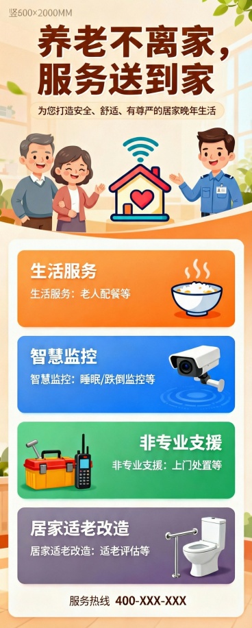 请将这个易拉宝画面中的老人改为小区业主形象，医护人员改为物业人员形象预览效果