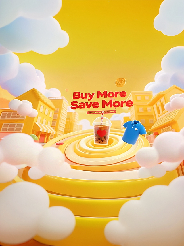 突出Buy More, Save More，调整城市远景的黄色建筑比例