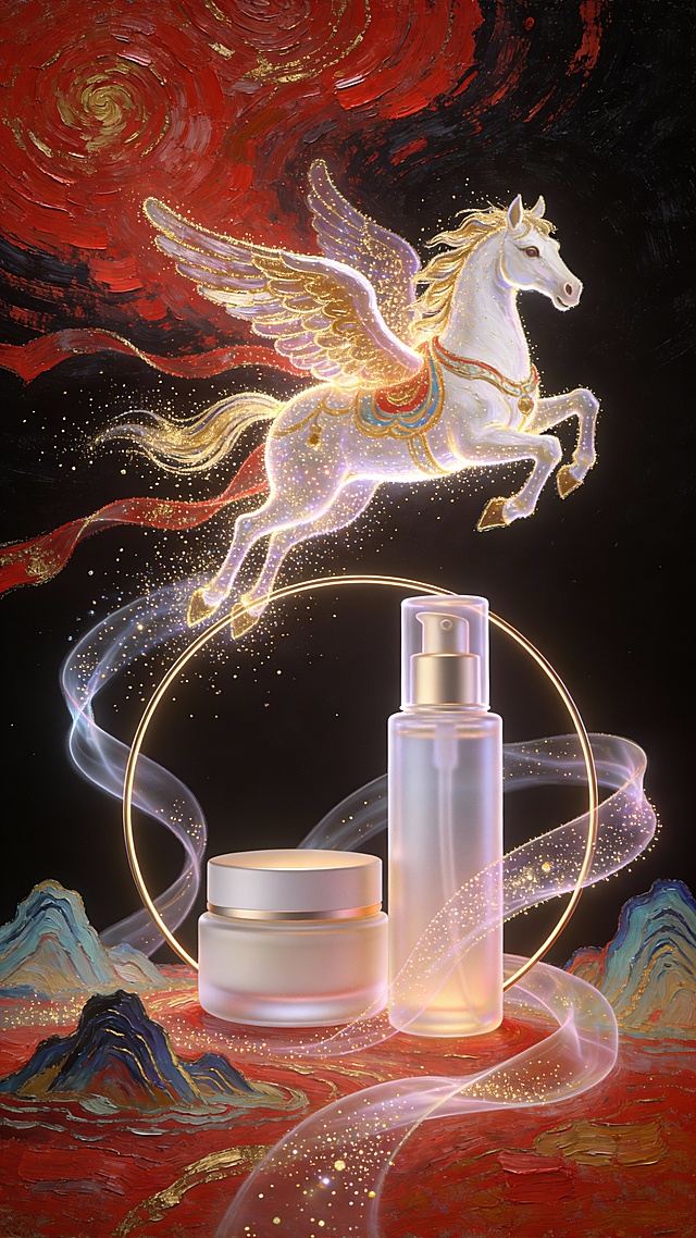 油画风与鎏金风交织，梦幻飞马翱翔于星河之间，光影流动中呈现奢华与神圣感，产品置于光环中央，唯美感与浪漫气息扑面而来。