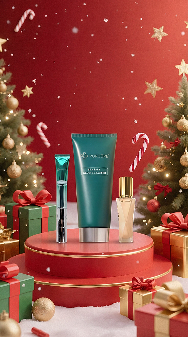 把前面三款产品融入到第四张图里生成一张圣诞的产品宣传图，粉底液眼霜不要太大，图片里不要有文字