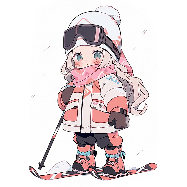 「二次元 Q 版可爱插画风格，头身比 2:1 的萌系小女孩，浅金色长卷发，大大的浅蓝色圆眼睛 + 脸颊粉红晕，头戴白 + 粉几何图案滑雪帽（顶附白绒球），佩戴黑色大框滑雪镜，围着粉白同图案围巾，身穿粉白相间加厚滑雪服（带几何装饰纹样），搭配深棕滑雪手套、黑滑雪裤、粉黑 + 浅蓝蝴蝶结滑雪靴，手持黑滑雪杖、脚踩粉白黑滑雪板（脚下少量积雪），背景为简洁白 + 纤细雪花线条，柔和粉白主色调，高细节刻画 + 流畅清晰线条，治愈冬日滑雪氛围 --ar 1:1 --style cute」适量的可以更改一些元素，要一个类似的图