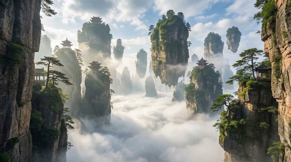 去掉画面中的人物、动物和多余文字，画面为修仙云海场景，稍微仰视视角，两边的山非常高大，下方都是云海，看不到地面和河流，山峰从云海中耸立出来，视角在两山中间，密集的山体替换为漂浮的浮空岛预览效果