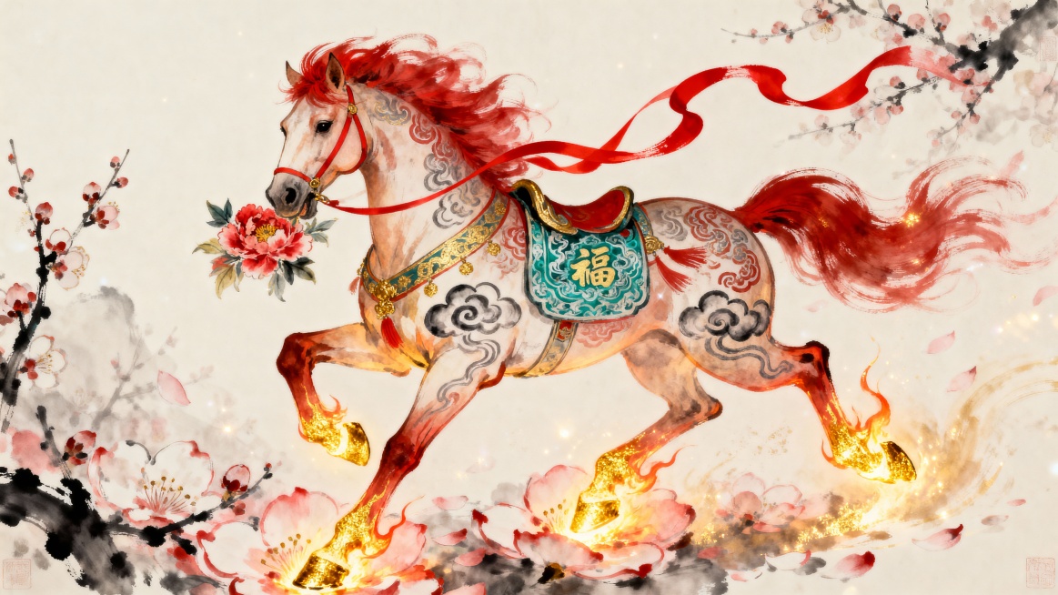 A auspicious horse for Lunar New Year,  Chinese mythological style,  blazing hooves with golden flam预览效果