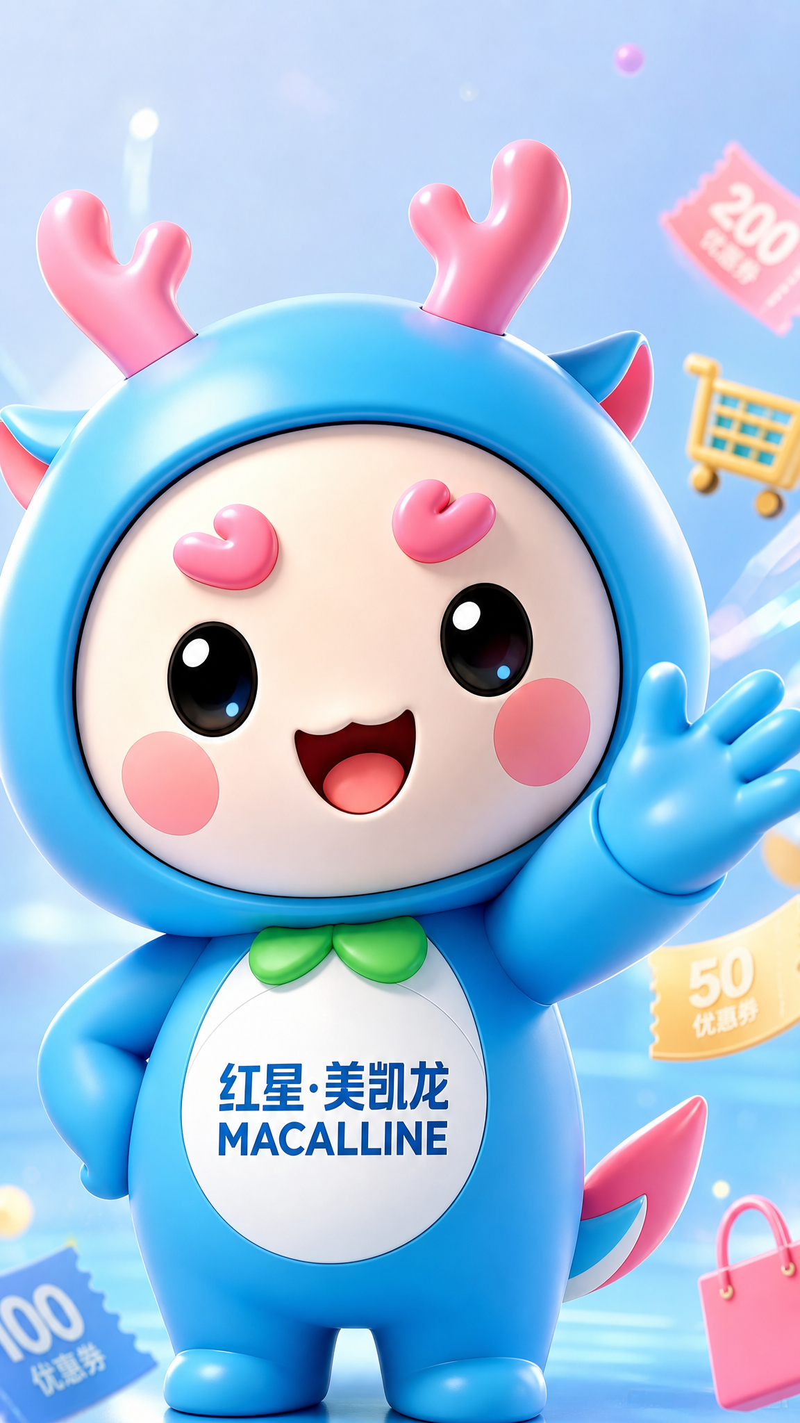 3D卡通风格，9:16竖屏近景构图。蓝色龙形吉祥物飞到镜头正面… - 图片创意预览