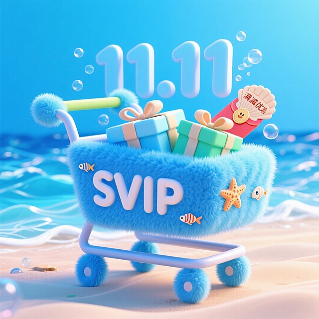 蓝色毛绒 SVIP 购物车置于海边，装满礼盒，结合海洋元素，营造清凉双 11 氛围