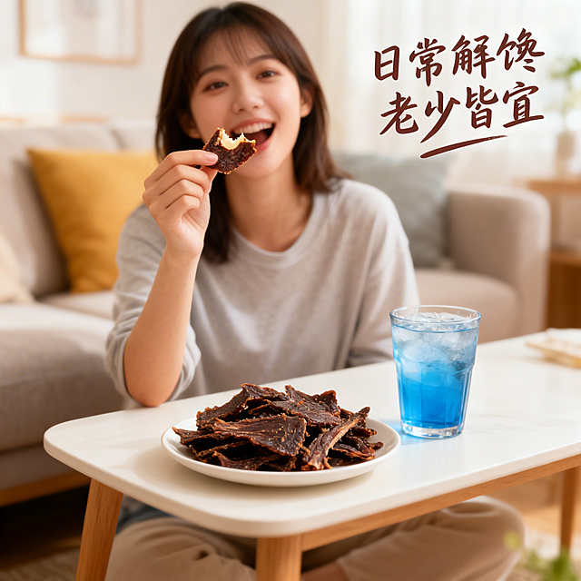 [主图主题] 休闲食用场景体验展示
[氛围/风格] 生活方式场景，轻松休闲，真实自然，小红书原生感
[画面元素] Vlog视角，一盘风干牛脆片放置在客厅茶几上，旁边有一杯冰饮，一位年轻女性（亚洲面孔，休闲穿搭）用手拿取一片牛脆片，咬开一半展示酥脆内部，画面捕捉轻松享受的休闲下午茶时刻，背景为温馨简约客厅，自然光影柔和舒适。
[配色色系] 主色调：暖米客厅色调，辅助色：深棕牛肉色，蓝色杯子点缀
[视角构图] 第一人称抓拍视角，主体是盘子里的牛脆片和手拿动作，背景自然虚化，景深适中
[文字版式] 右上角手写字体文案“日常解馋 老少皆宜”，字体颜色深棕色，自然悬浮不遮挡主体，整体轻松生活化。
[比例分辨率] 2k 分辨率