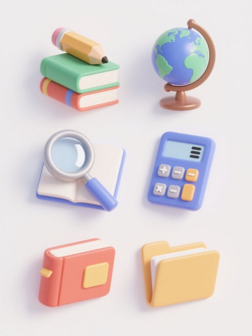 6个不同配色、不同样式、不同材质的教育元素（如书本、铅笔、地球仪、放大镜、计算器、文件夹等），每个元素具有清晰的3D立体效果，表面光滑有光泽，带有细腻的高光和柔和阴影，白色背景，元素排列整齐有序，呈现出简洁、专业的教育主题氛围。预览效果