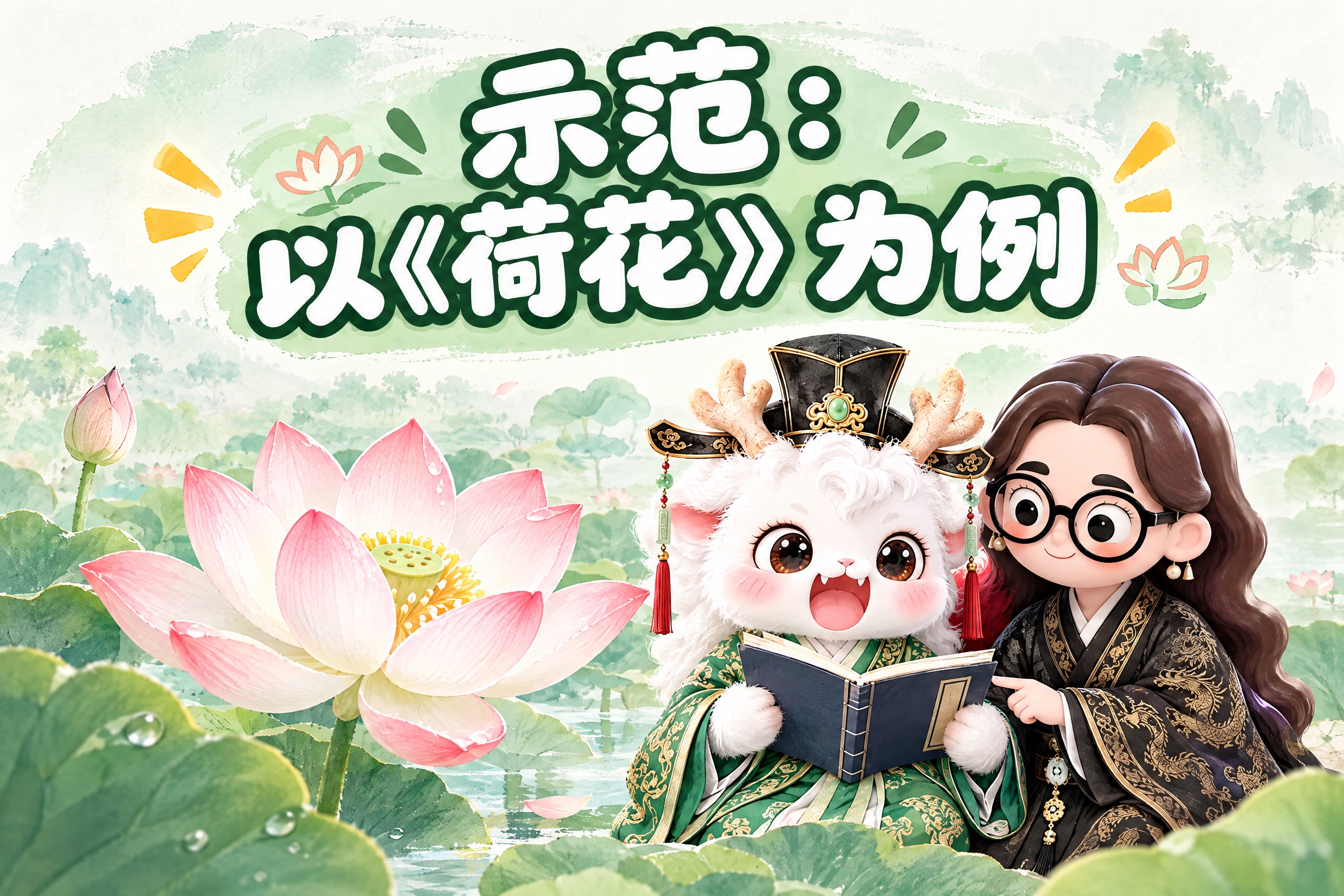 横版6寸比例的示范标题页设计，大标题为"示范：以《荷花》为例"… - 图片创意预览