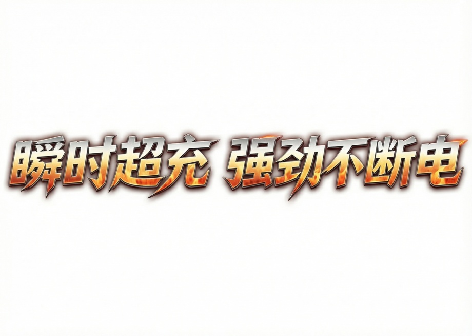 将文字替换为“瞬时超充 强劲不断电”，保持原字体的金属质感、火焰渐变效果和立体风格预览效果