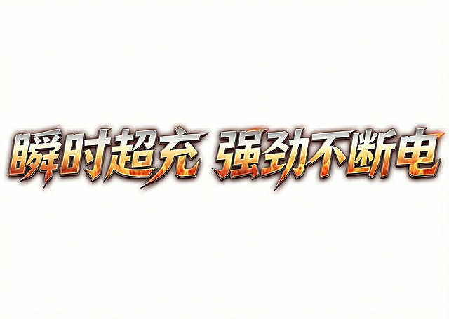 将文字替换为“瞬时超充 强劲不断电”，保持原字体的金属质感、火焰渐变效果和立体风格