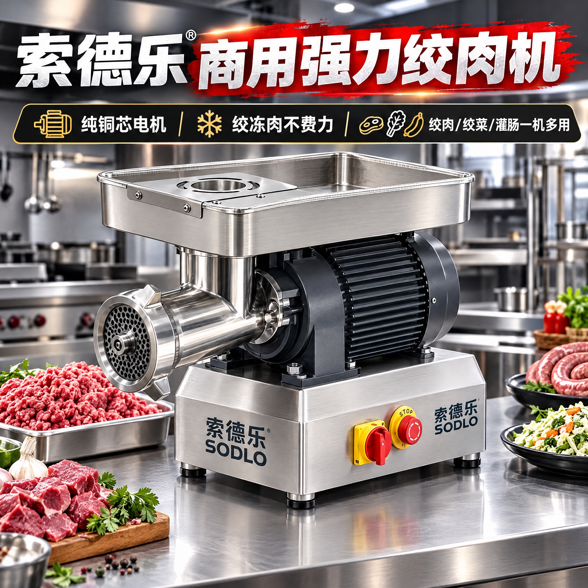 抖音电商主图，1:1正方形，商用台式强力绞肉机产品主图，不锈钢… - 图片创意预览