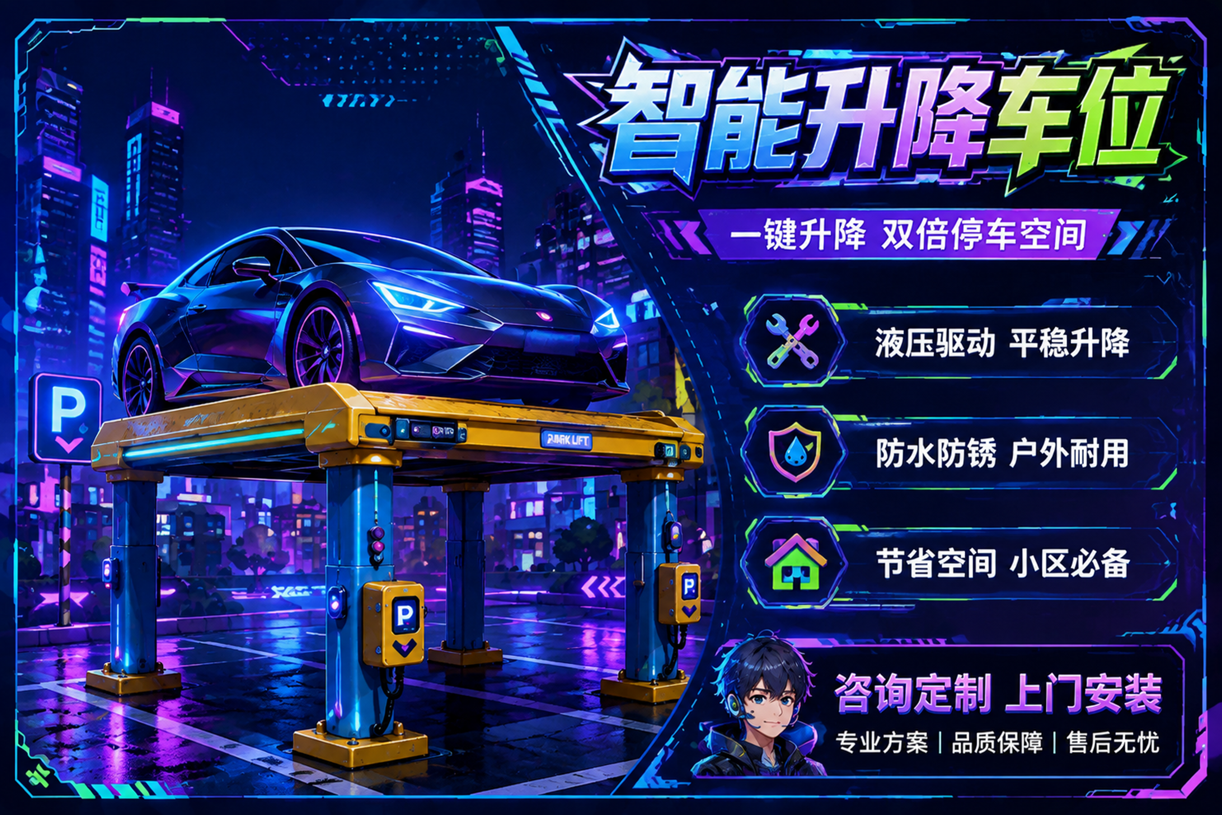 将这张儿童风格的升降车位海报调整为青少年风格，介于可爱卡通和硬… - 图片创意预览