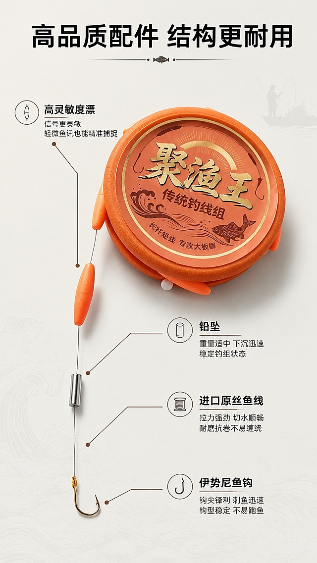 [第3屏] 结构解析页-整体展示产品结构，引线标注核心部件。本屏使用【图3】作为产品主体。
[氛围/风格] 专业解析风格，清晰直观，突出细节品质
[元素布局] 产品斜放占画面中心70%区域，用细引线引出各个关键部件标注；背景加入浅淡钓鱼纹理底纹增加氛围；产品结构、配件位置与输入图一致
[光影质感] 中心柔光照明，引线和文字清晰，产品边缘阴影自然，层次感强
[配色色系] 全局底色 #F0F4F0；主色产品橙色，引线深棕色，标注文字黑色
[视角构图] 斜侧俯视构图，整体产品完整展示，标注引线不遮挡核心部件
[文字版式] 顶部大标题「高品质配件 结构更耐用」；引线标注：高灵敏度漂、铅坠、进口原丝鱼线、伊势尼鱼钩，每个标注说明简要优势，文字清晰不拥挤
[比例分辨率] 9:16 竖版比例，4K分辨率，文字清晰可辨，高清画质
[负向提示词] 引线错乱，标注重叠，产品变形，结构错误，文字模糊