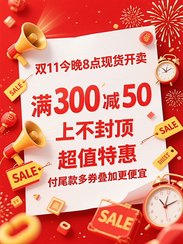 红色纯背景，空白纸张中有“双11今晚8点现货开卖”，字“满 300 减 50”、“上不封顶”、“超值特惠”“付尾款多券叠加更便宜”，大小不一，红色字为主，搭配喇叭、黄色 “SALE” 标签、时钟、烟花等元素体现过年气氛，