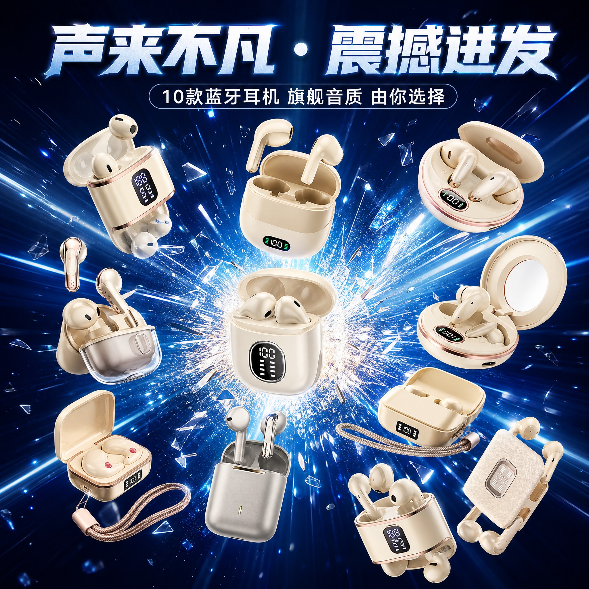 一张耳机产品迸发展示海报，画面中心有强烈的迸发爆炸视觉效果，1… - 图片创意预览