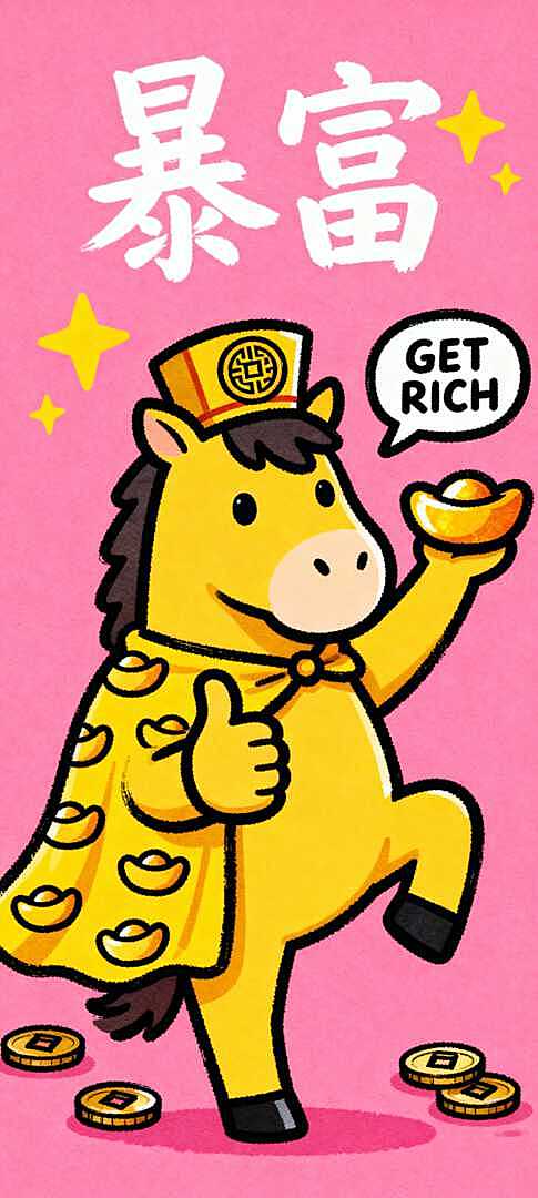 卡通潮酷手绘风格，Q 版 “马财神” 形象，整体为黄色主体，头戴中式官帽（帽檐刻铜钱纹样），身披印满金元宝图案的黄色披风，一只蹄子高举金元宝，另一只蹄子比出 “点赞” 手势；形象旁带对话框，框内写 “GET RICH”；背景为纯粉色，画面顶部用轻松手写艺术字写 “暴富” 二字；画面角落点缀黄色星星、黄色铜钱装饰元素；整体线条粗犷有手绘质感，粉色 + 黄色双色撞色对比强烈，充满新年喜庆感和网络流行梗味，突出 Money God（财神）的招财属性。