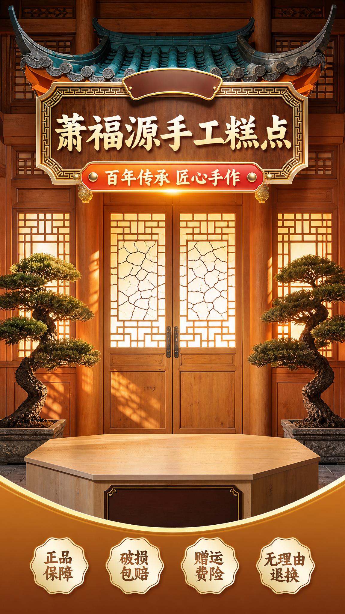 参考这张图的版式骨架和中式国风氛围，制作一张萧福源手工糕点直播… - 图片创意预览