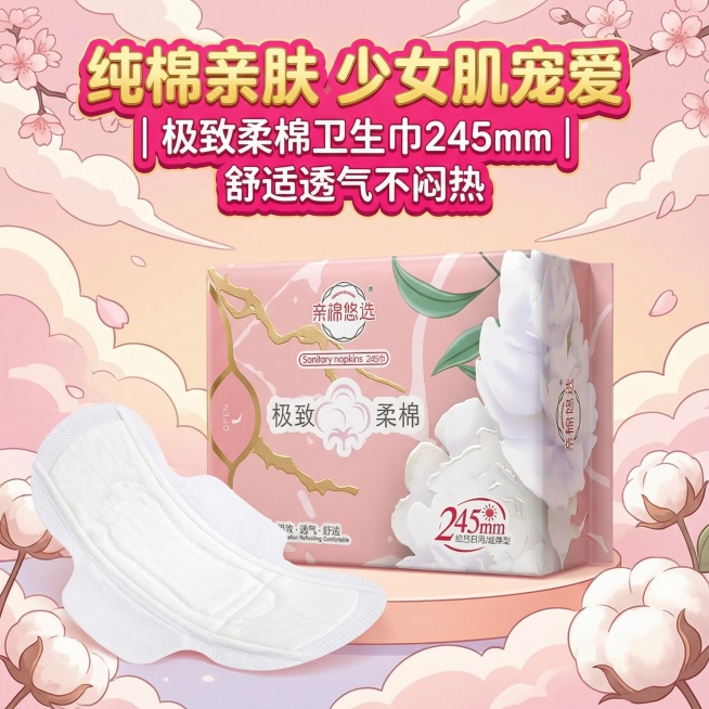 我是网店卖家，产品是女士生理期用品卫生巾，，根据你的经验帮我生成一个电商主图，/提升一些包装质感，切记不要出现网络违禁词,略微提升质感包装袋生成的包装主体不能改变，/背景可以更换更适合产品的高级背景/预览效果
