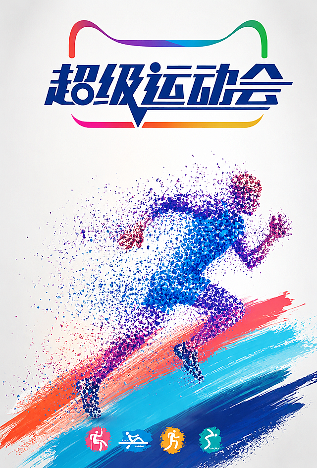 生成一张和参考图风格一致的超级运动会海报，保留颗粒飞溅跑步运动员造型、天猫logo顶部、底部彩色笔刷和运动小图标，整体设计风格和配色保持一致，更换不同颜色和细节