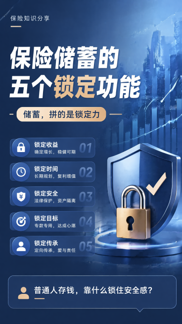 重新设计保险知识分享海报，主标题为"保险储蓄的五个锁定功能"，副标题为"储蓄，拼的是锁定力"，底部小字为"普通人存钱，靠什么锁住安全感？"。整体采用专业商务风格，蓝色系设计，背景为带有金融数据图表的商预览效果