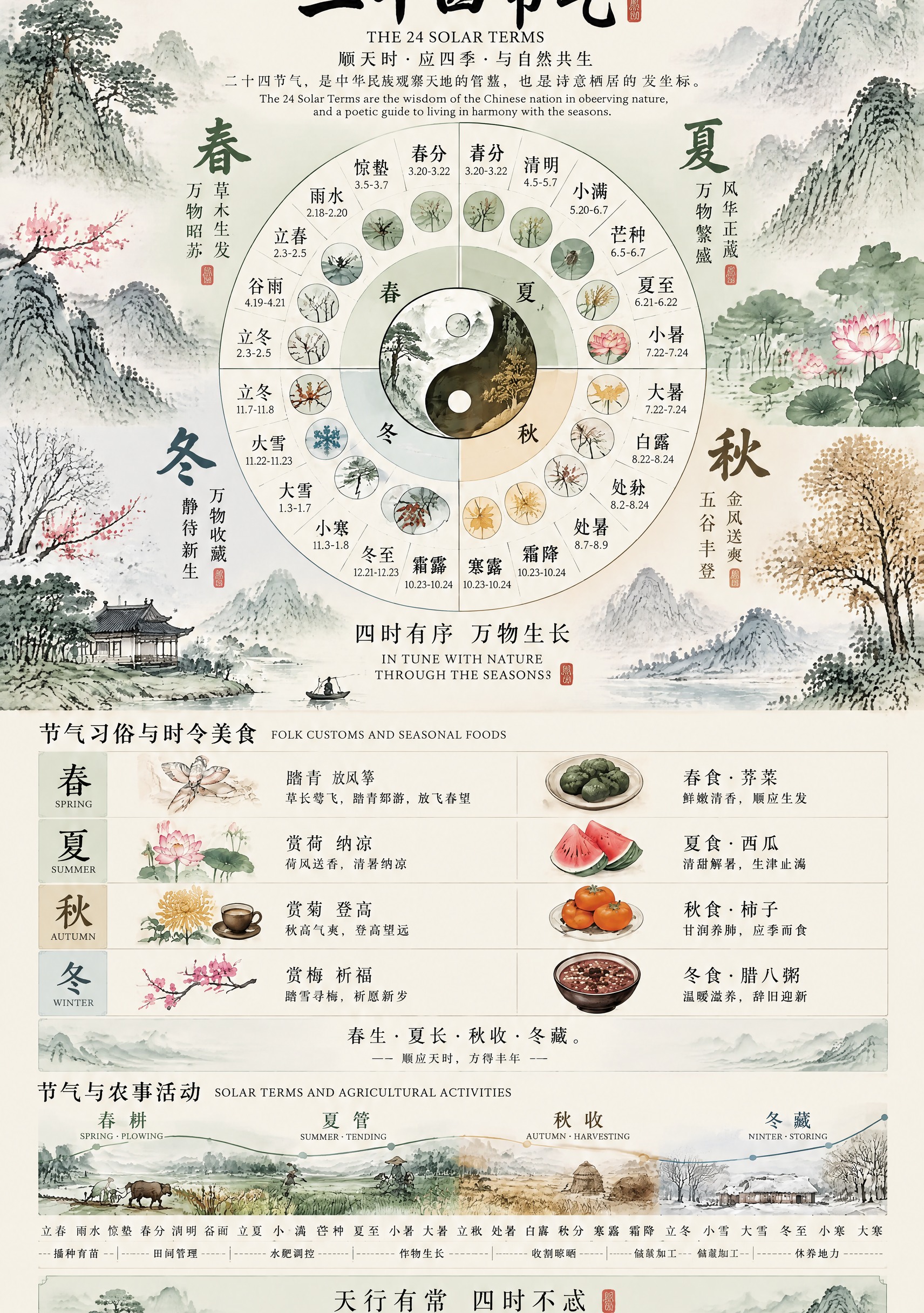 将这张二十四节气信息可视化海报重新排版为竖版A3构图，保持原有… - 图片创意预览